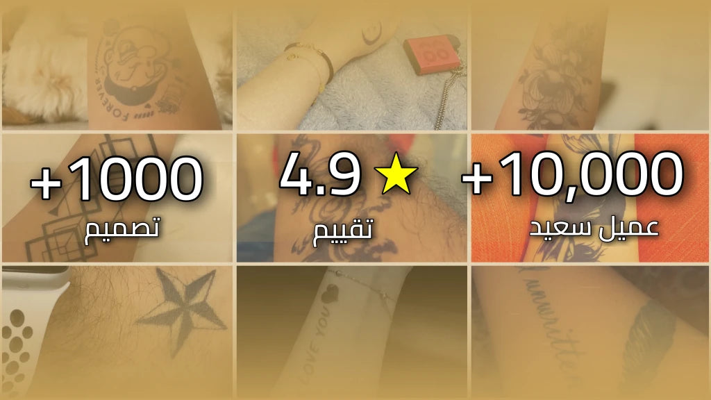 Collage of tattoo designs with numerical values and star rating on a yellowish background