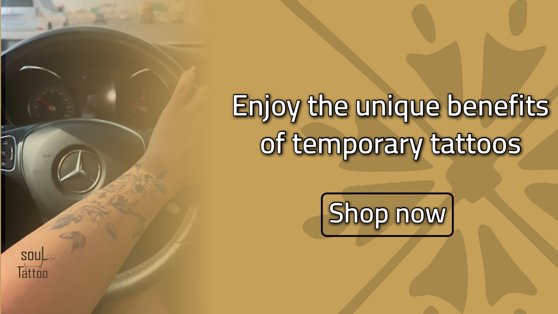 Person with tattoos steering a car, with promotional text overlay for temporary tattoos.